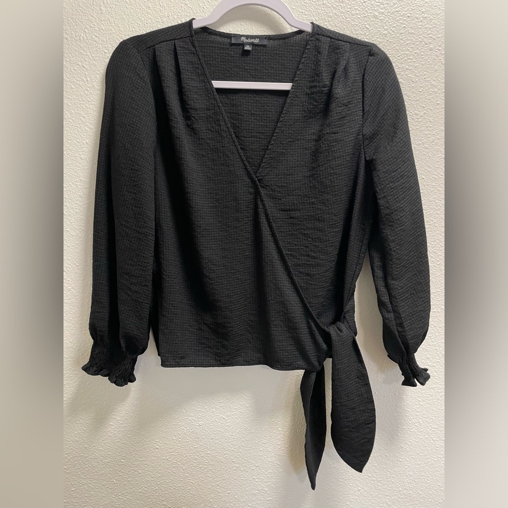 Madewell Faux Wrap Checkered Top Smocked Long Sleeve Blouse V-Neck Black XS